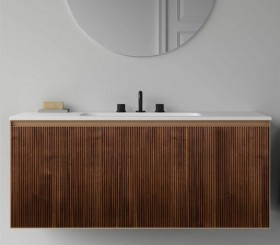 Mueble a Medida (60-120cm) Suspendido de Roble Natural Efecto 3D con 2 Cajones + Lavabo de Diseño  